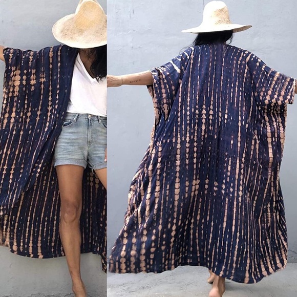 Blue & Peach Long Wrap Dress Kimono - Picture 7 of 11